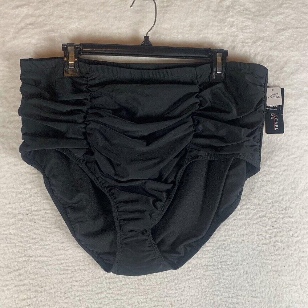 Island Escape Bikini Bottoms Womens 22 Black Nylon High-Waist Ruched Front S9483